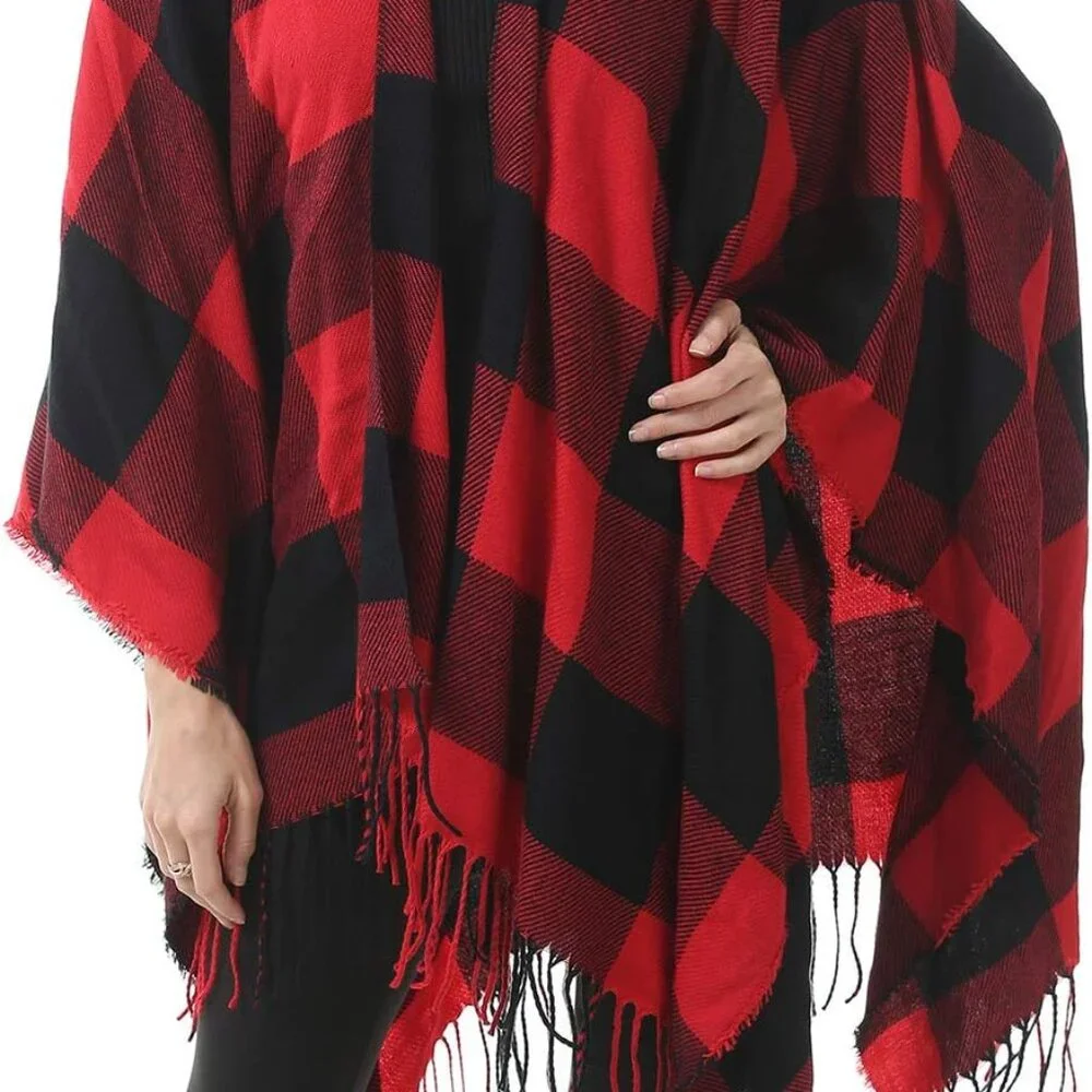 Women's Warm Shawl Wrap Open Front Poncho Cape Color Block Shawls Winter Cardiga - Picture 4 of 7